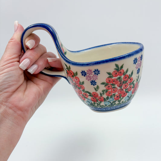 12 oz Bowl/Mug with Loop-Handle.  Hand crafted Polish pottery stoneware: UNIKAT Red Berry