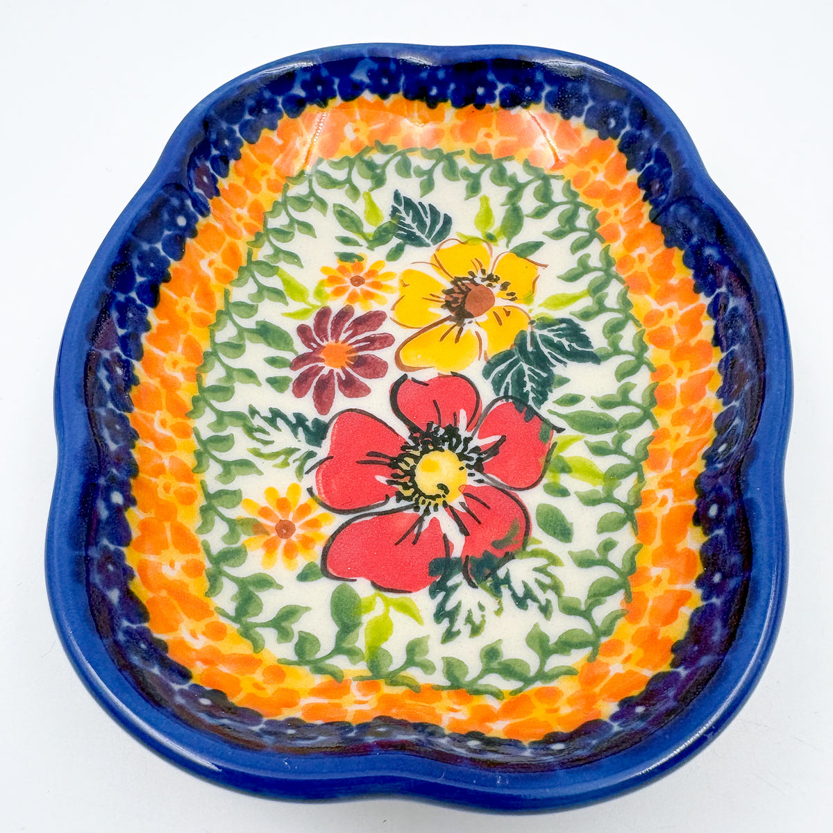 5" Soap Dish.  Handmade Polish pottery.  UNIKAT Tangerine Fields