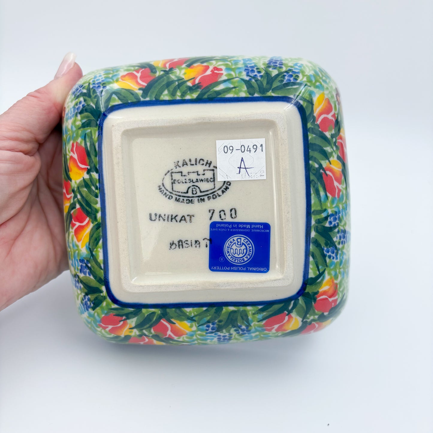 6” Square Bowl.  Hand crafted Polish pottery stoneware:   Unikat Tulips and Bees
