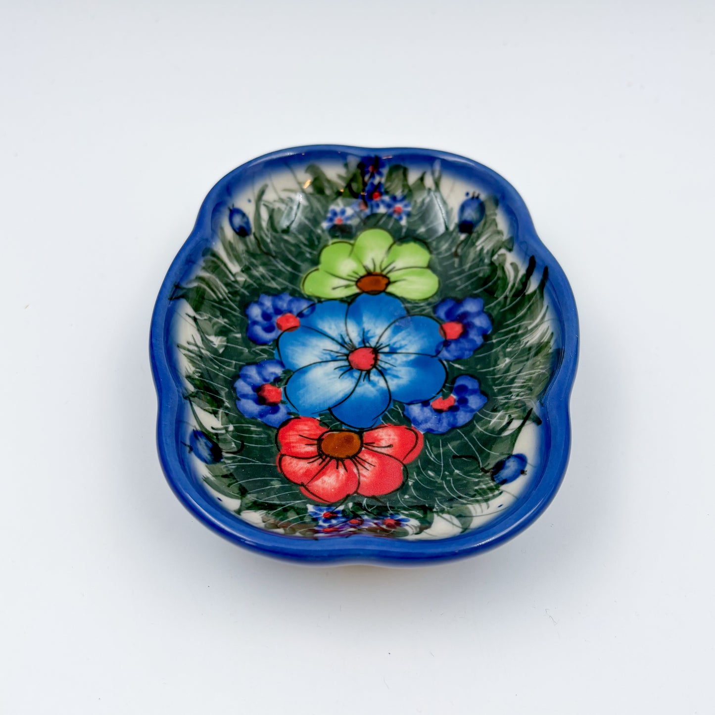 5" Soap Dish.  Handmade Polish pottery.  UIKAT Forget Me Not Design