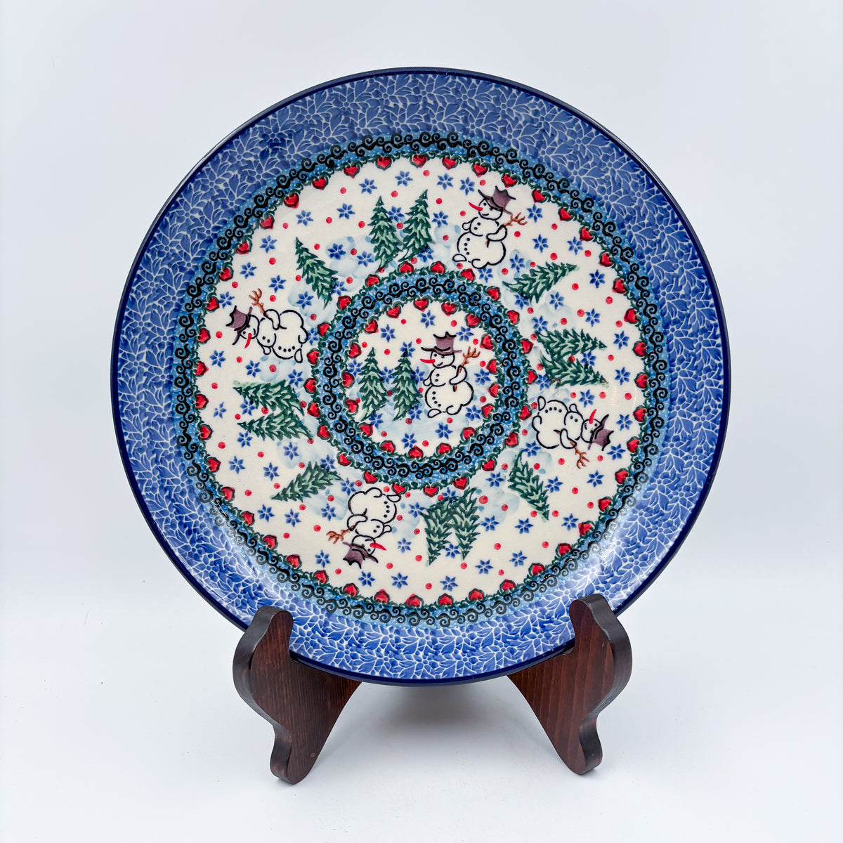 9” Plate.  Hand crafted Polish pottery stoneware: UNIKAT Dancing Snowman
