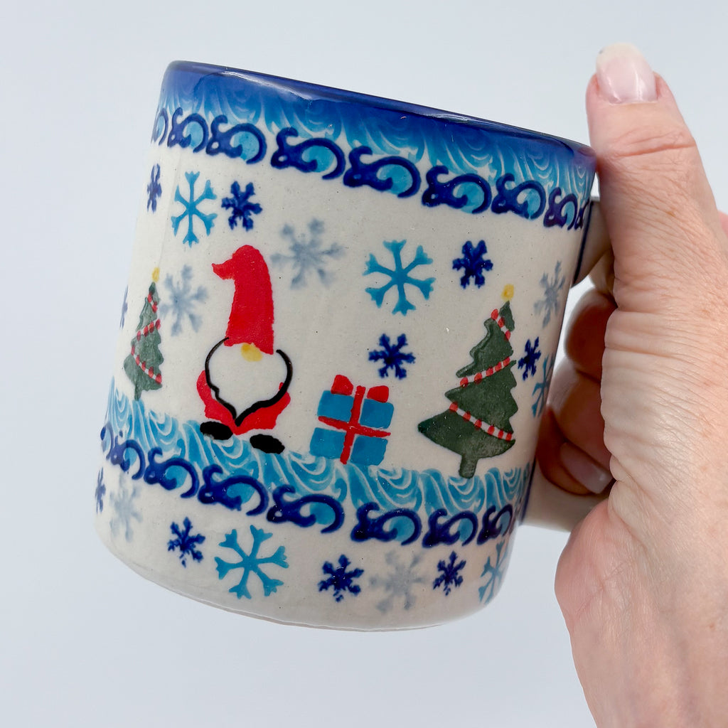 13 oz Mug. Handcrafted Polish pottery stoneware:  UNIKAT Winter Gnome Design