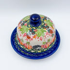 Round Butter/Cheese Covered Dish: UNIKAT Hedgehogs and Acorns Design