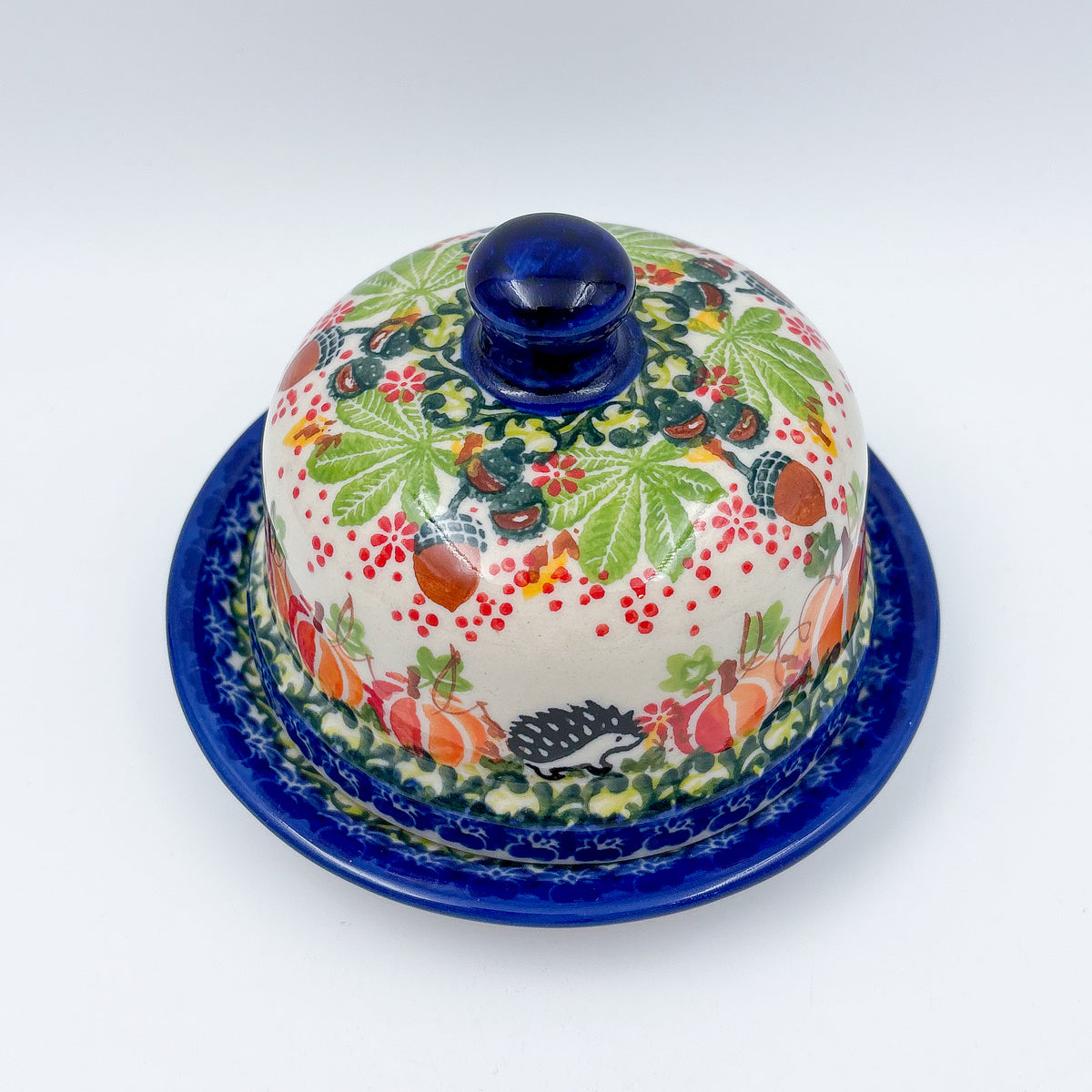 Round Butter/Cheese Covered Dish: UNIKAT Hedgehogs and Acorns Design