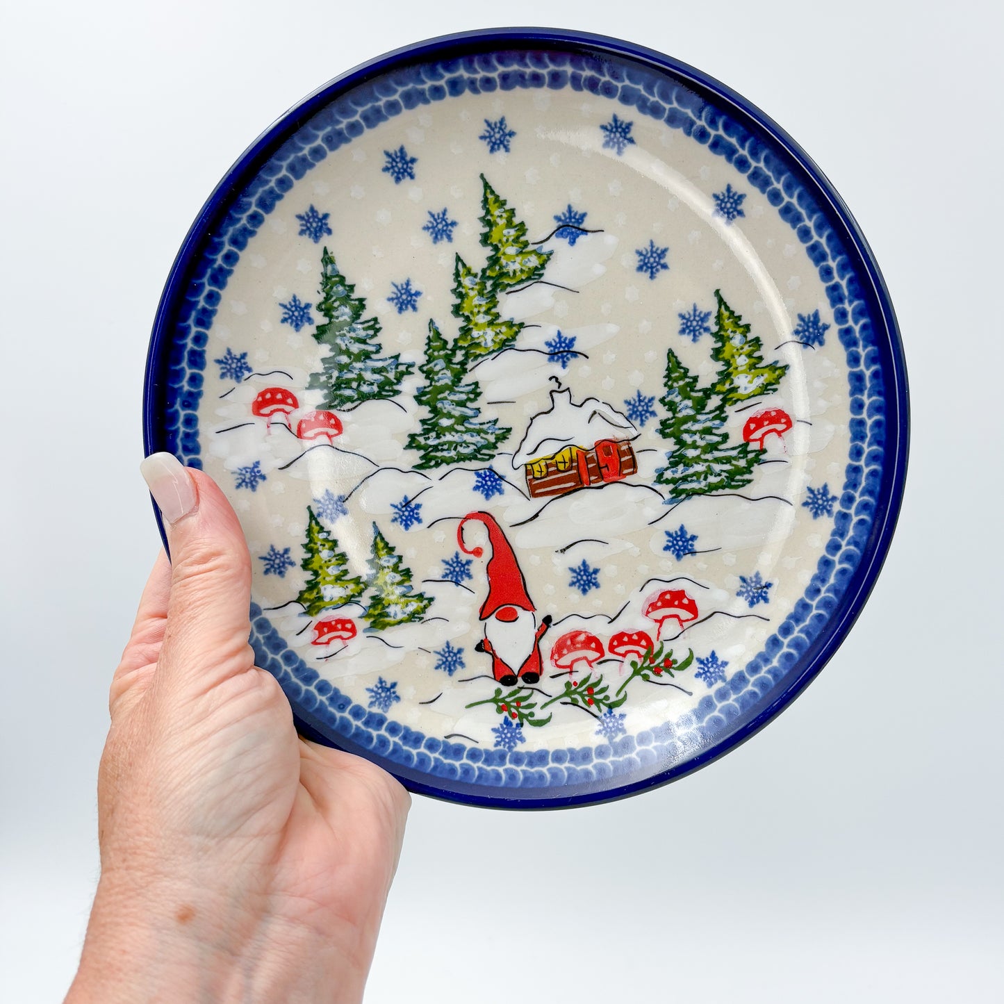 7.5” Plate.  Hand crafted Polish pottery stoneware: UNIKAT Gnome Village