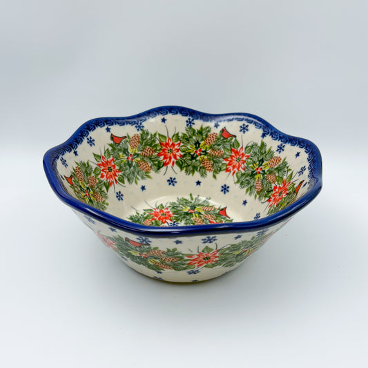 9” Wavy Bowl.  Hand crafted Polish pottery stoneware:  Christmas Cardinals