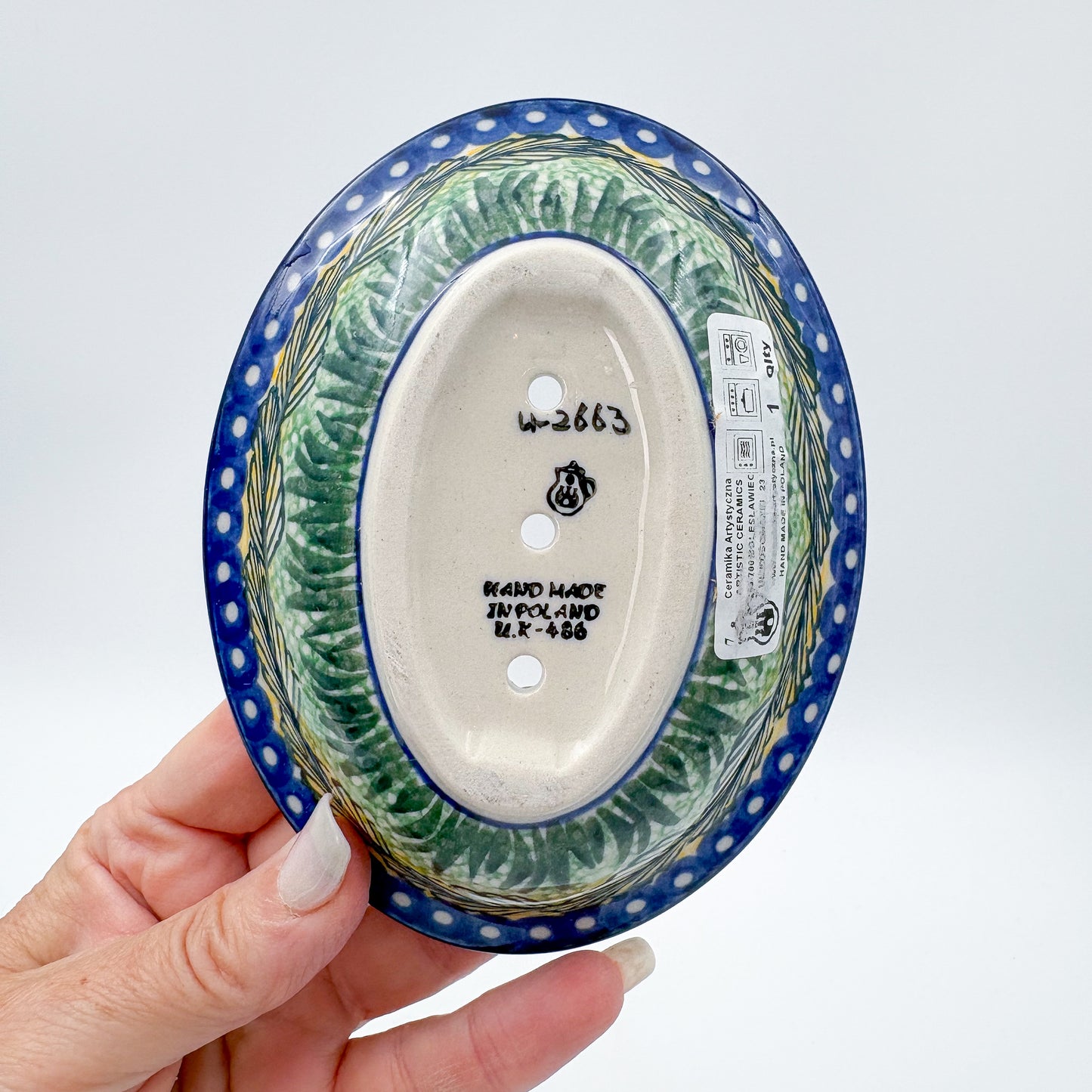 Soap Dish 6”.  Handmade Polish pottery.  UNIKAT Rooster Parade Design