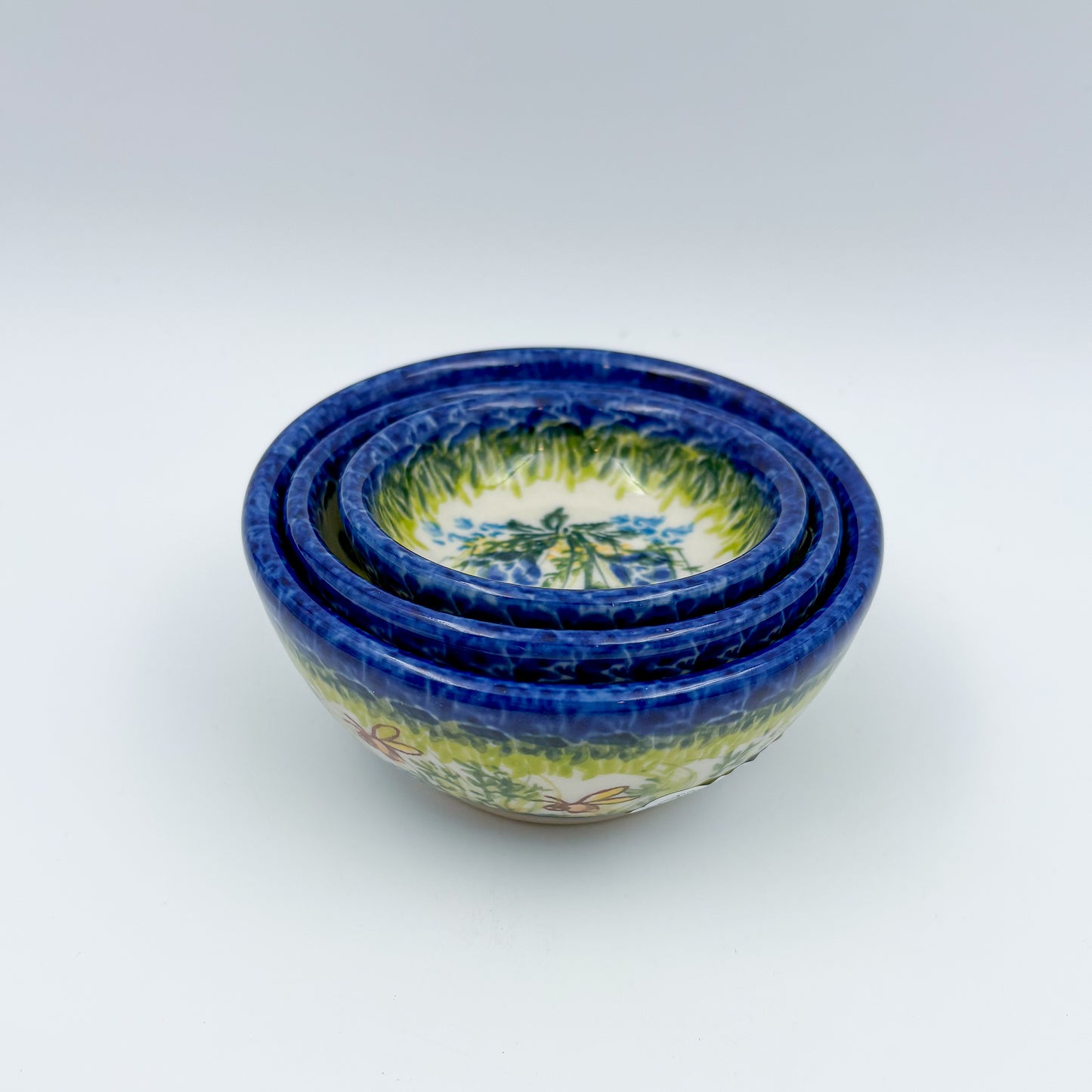 Small Set 3 stacking Bowls.  Hand crafted Polish pottery stoneware:  UNIKAT Bluebell Meadow
