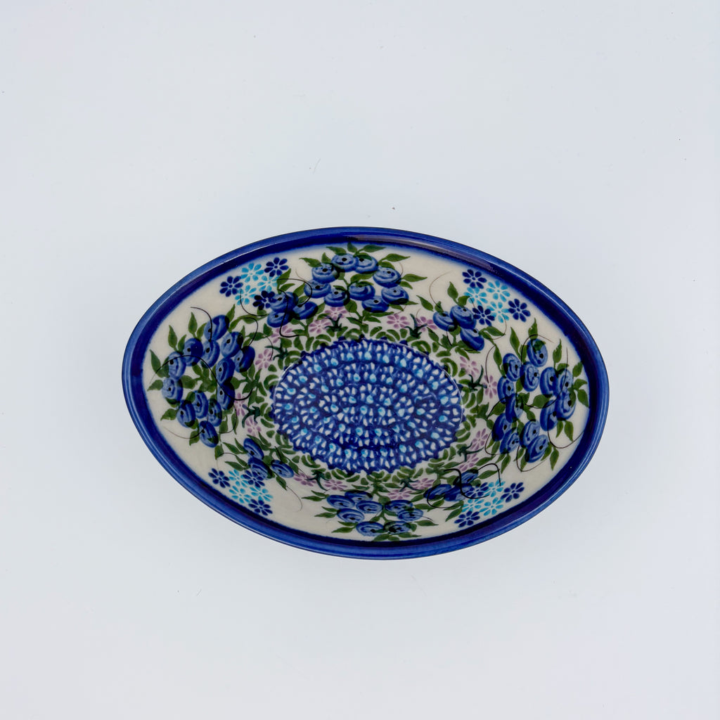 6” Oval Bowl.  Hand crafted Polish pottery stoneware:  UNIKAT Blueberry Design