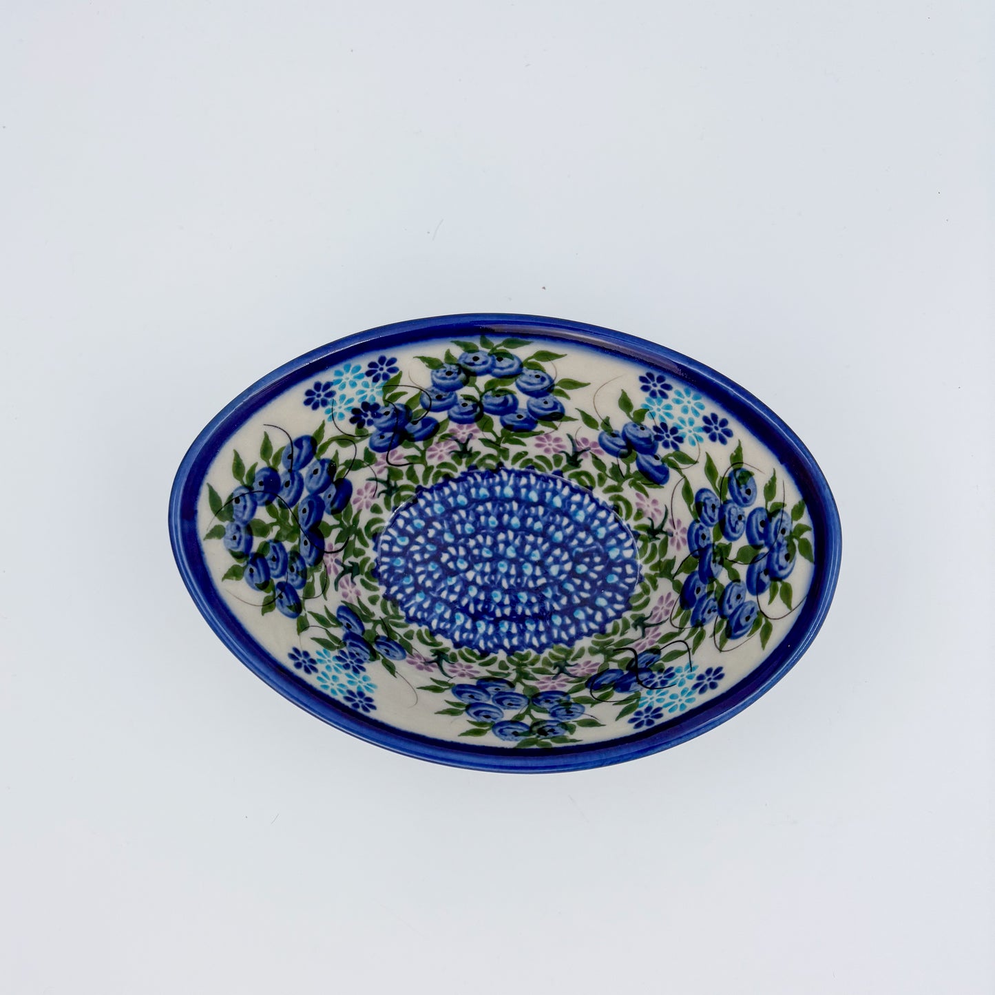 6” Oval Bowl.  Hand crafted Polish pottery stoneware:  Blueberry Design