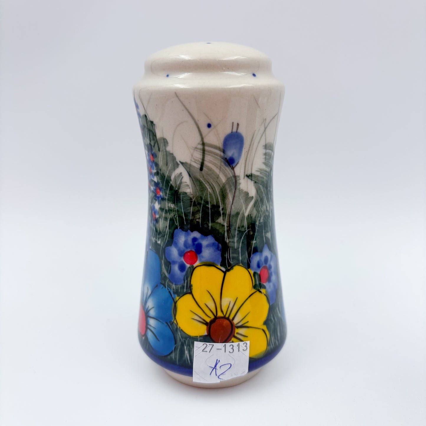 5” Salt and Pepper Shakers.  Handmade Polish pottery.  UNIKAT Forget Me Not Pansy