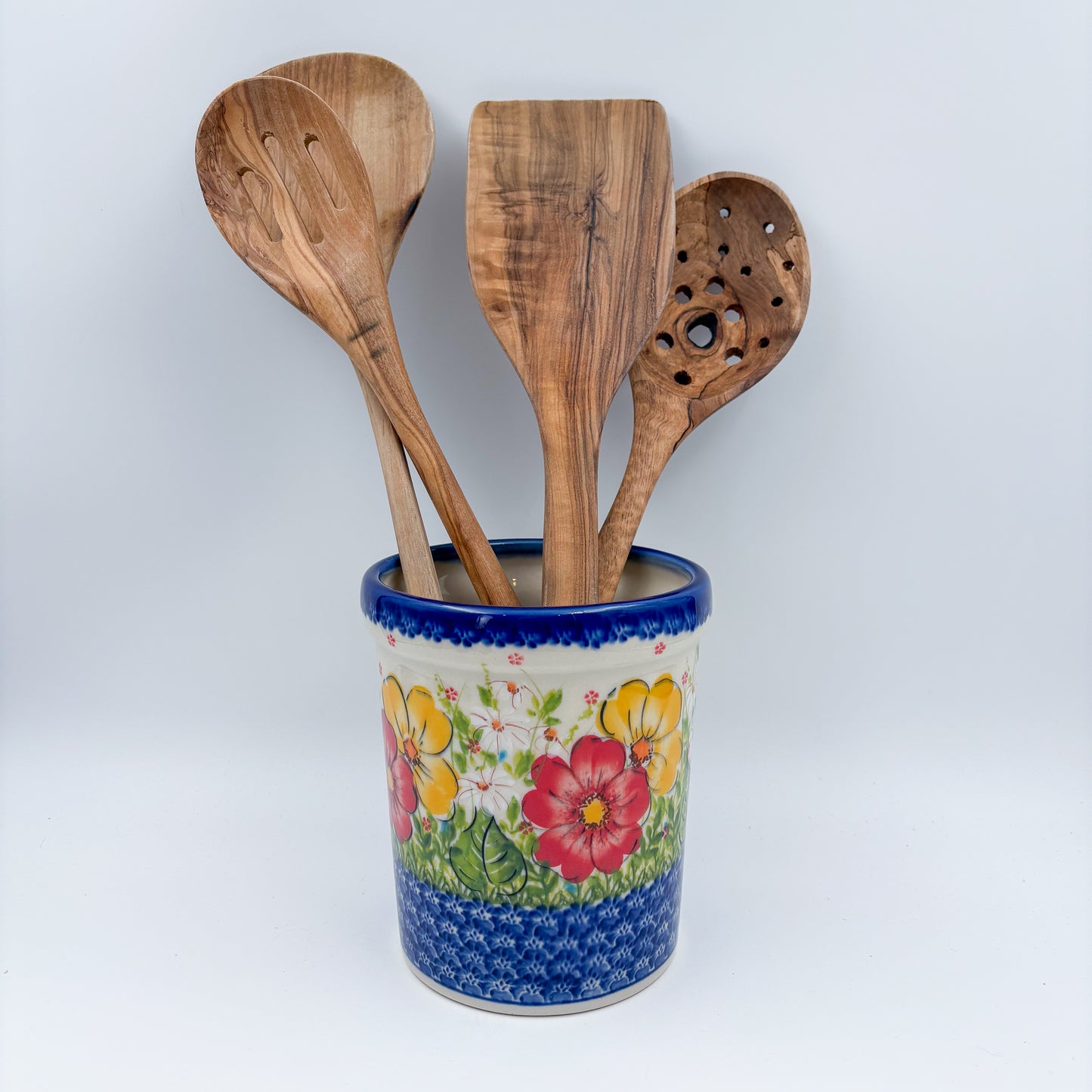 Utensil Jar 5.5”.  Handmade Polish pottery.  UNIKAT Yellow and Red Pansy Pattern