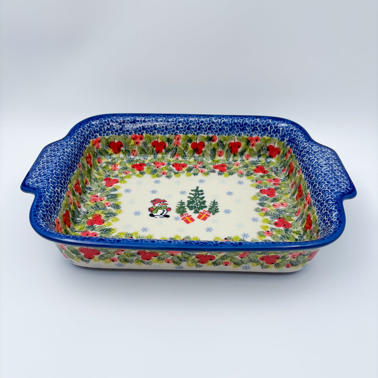 13" Rectangular Baker Handles. Handmade in Poland.  UNIKAT Berry Snowman Design