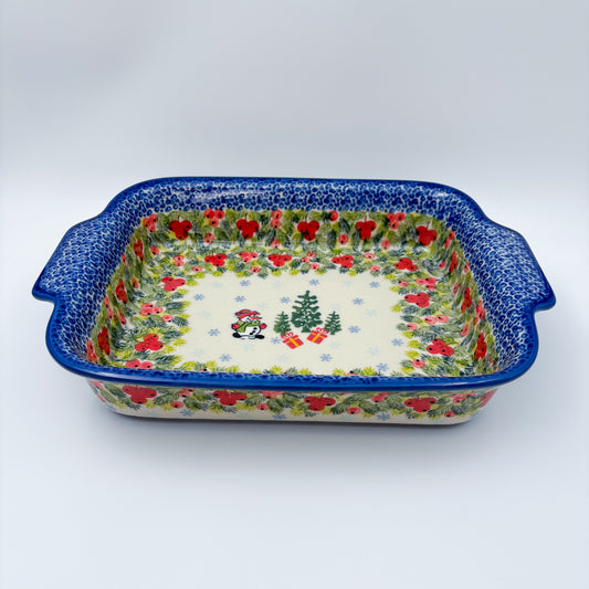 13" Rectangular Baker Handles. Handmade in Poland.  UNIKAT Berry Snowman Design