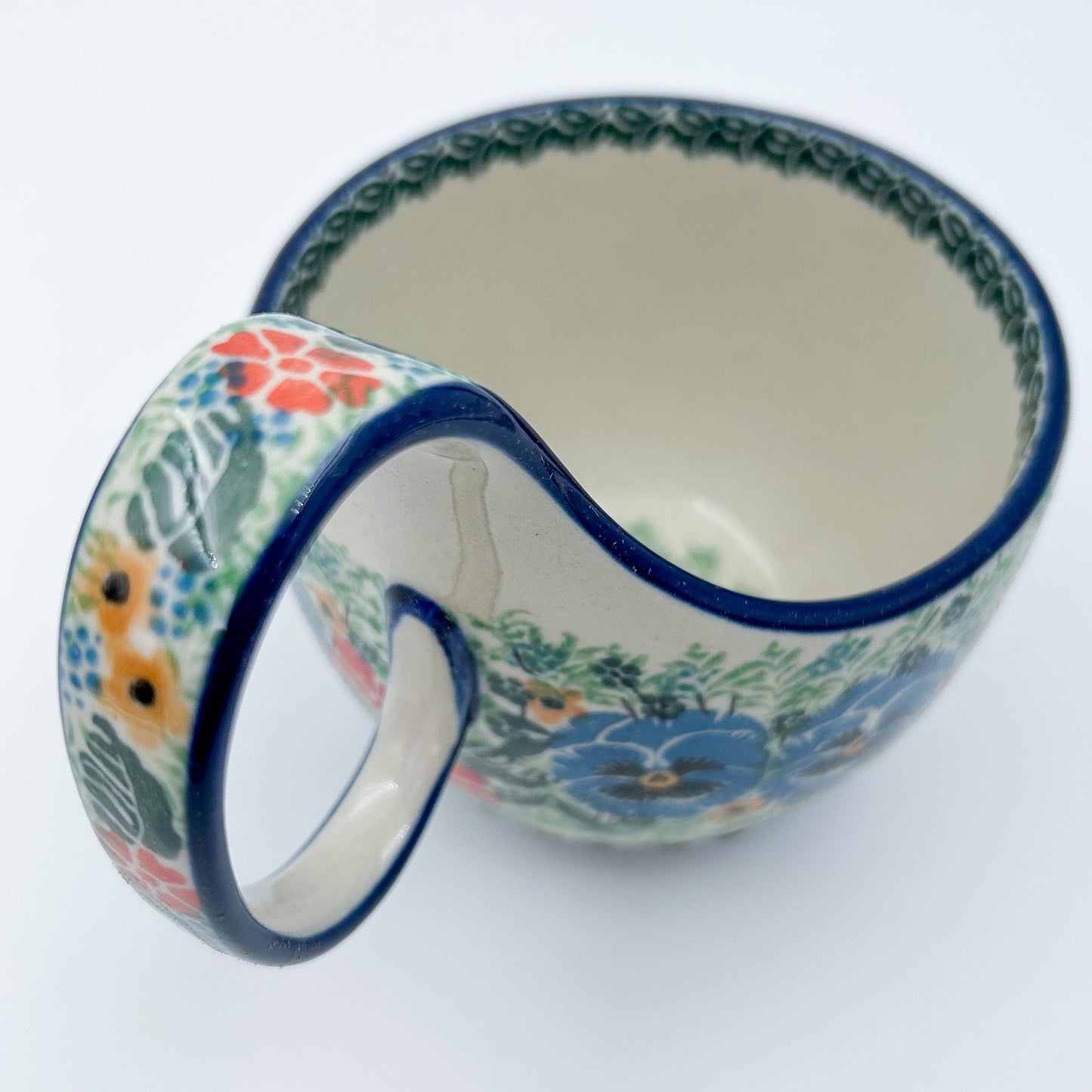 16 oz Bowl with Loop-Handle.  Hand crafted Polish pottery stoneware: UNIKAT Vibrant Bouquet