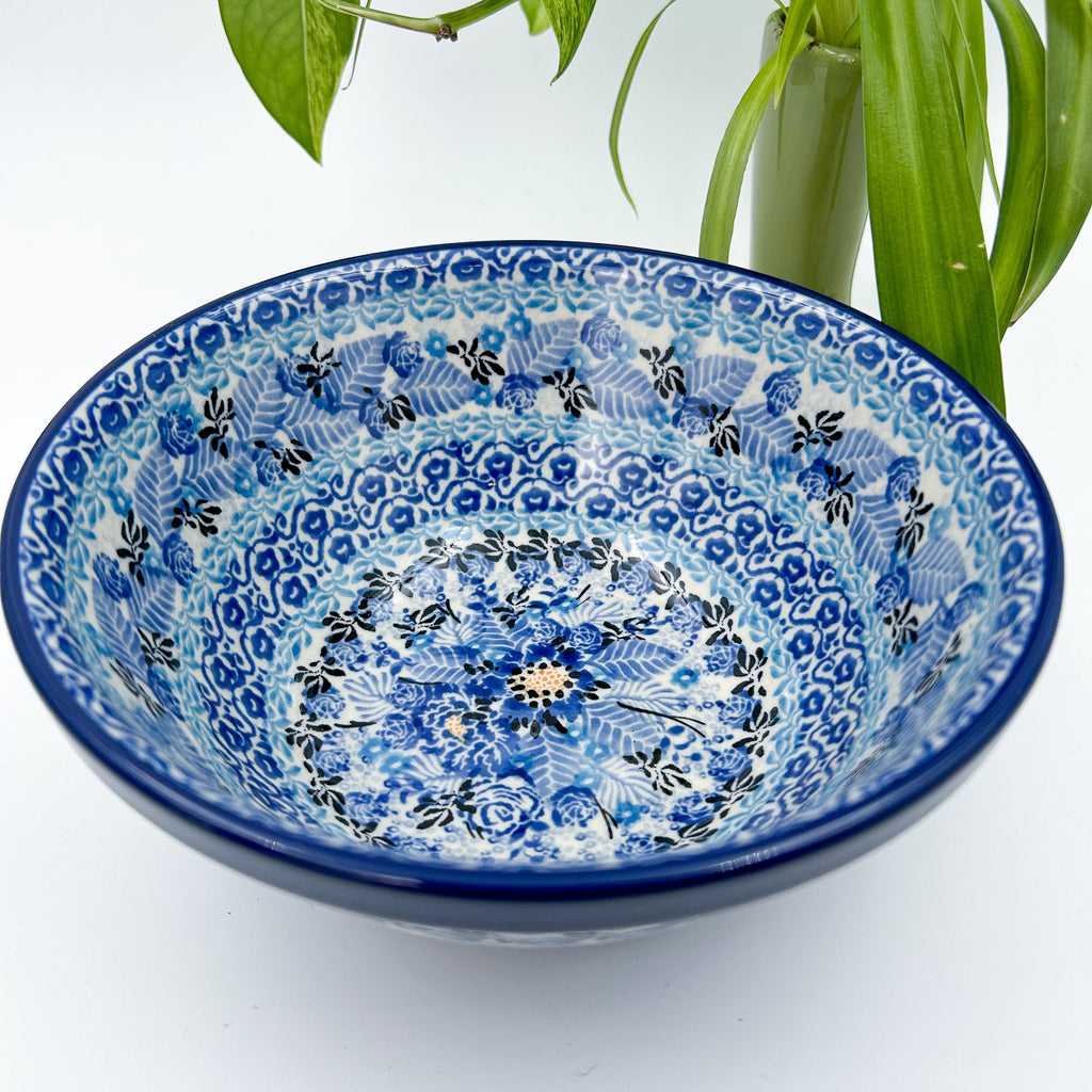 Fields of Blue stacking bowl, angled front view showing full interior pattern