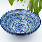 Fields of Blue stacking bowl, angled front view showing full interior pattern