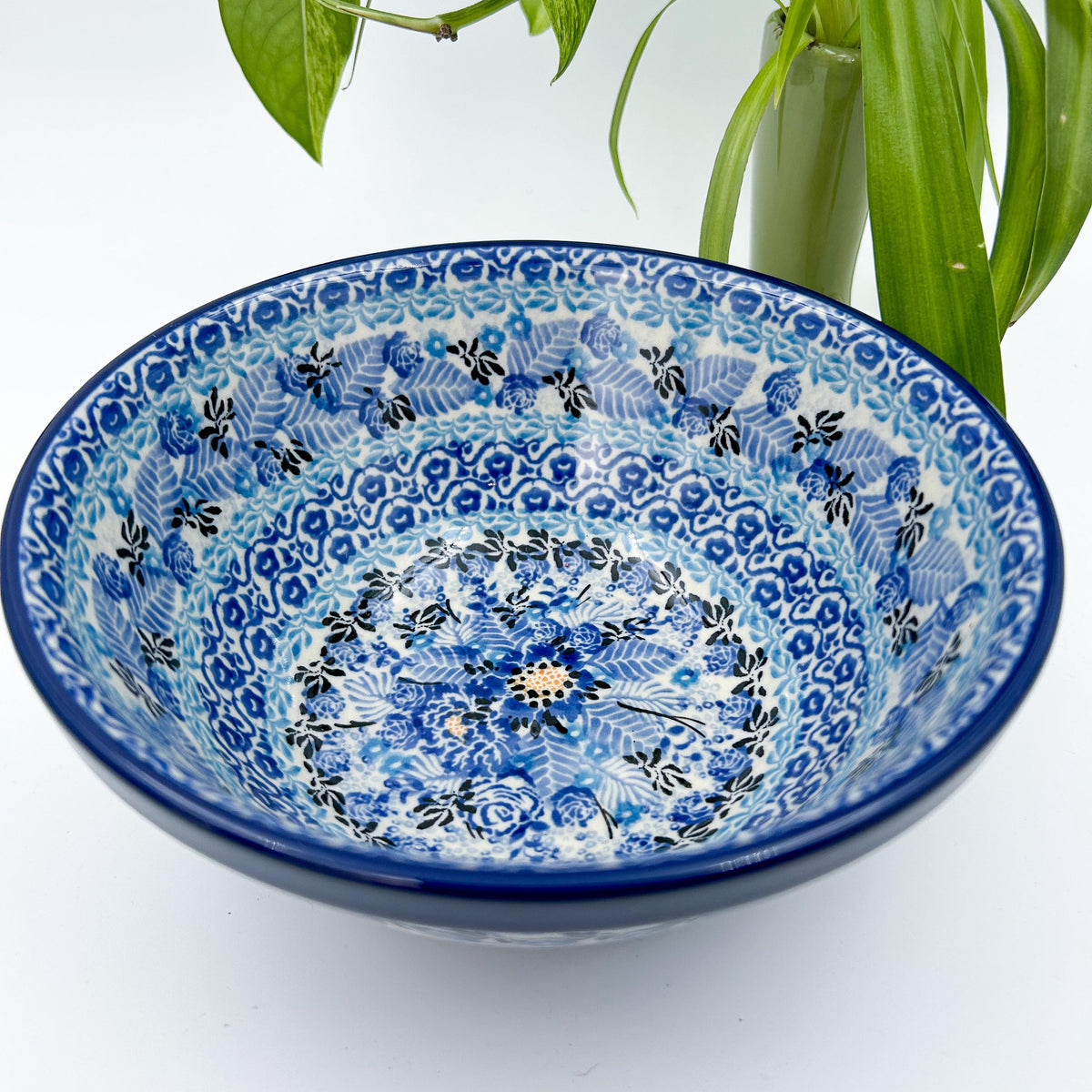Fields of Blue stacking bowl, angled front view showing full interior pattern