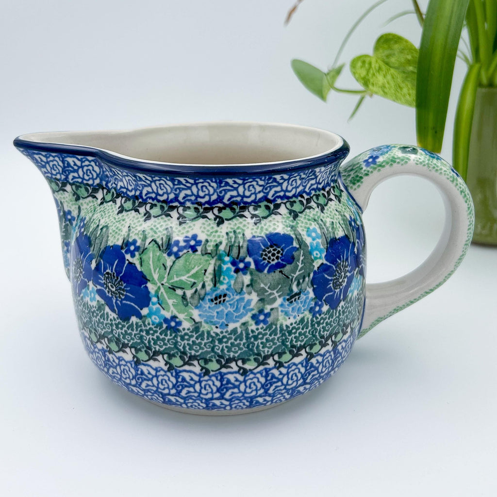 24 oz Pitcher.  Hand painted Polish pottery stoneware.  UNIKAT Moody Blues Design.
