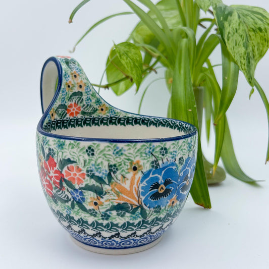 16 oz Bowl with Loop-Handle.  Hand crafted Polish pottery stoneware: UNIKAT Vibrant Bouquet