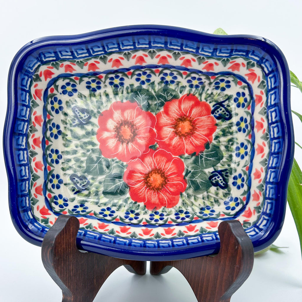 rectangular 8” baker with red poppy flowers is made by talented artisans