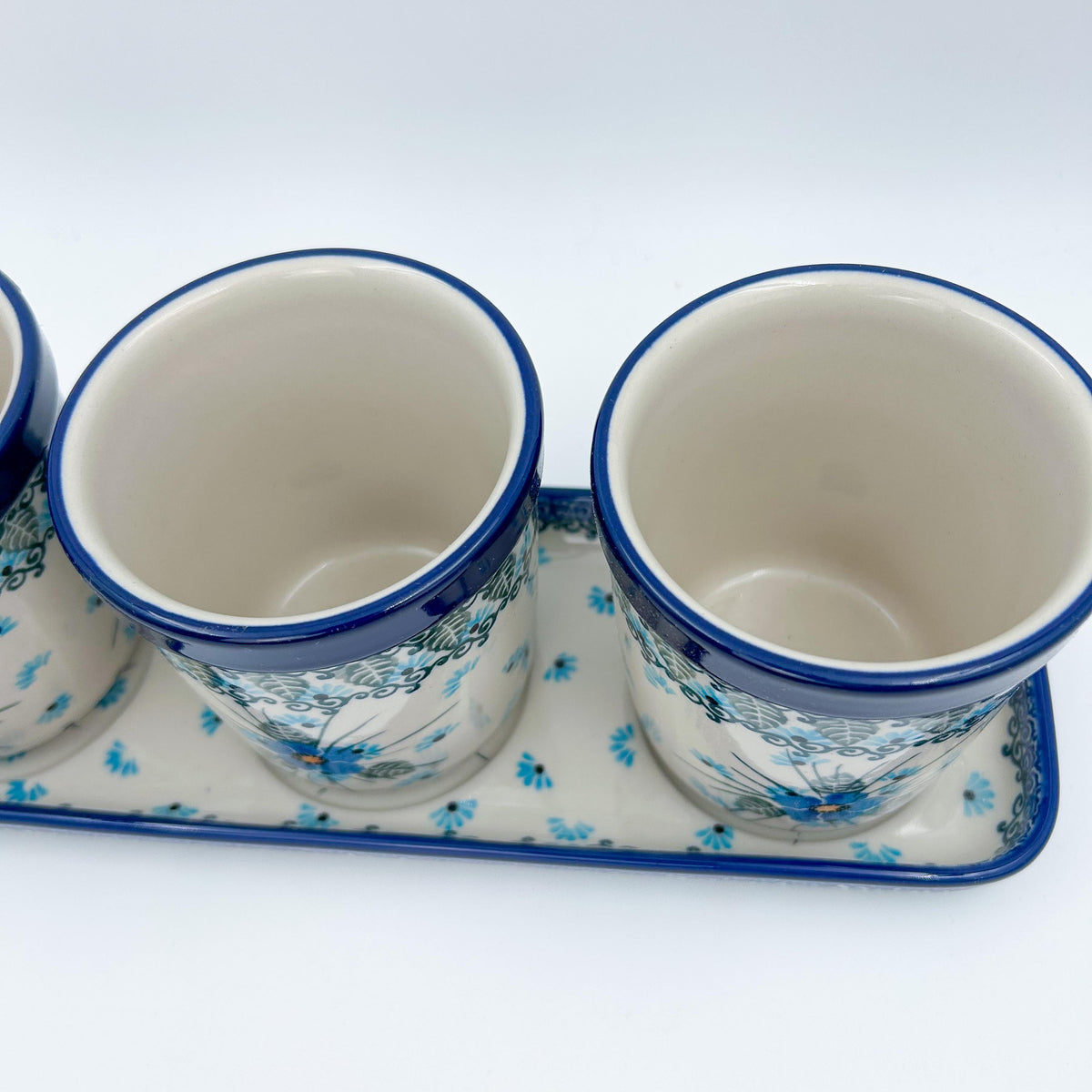 12” planter set of 3.  Handmade Polish pottery.  UNIKAT Forget Me Not Design