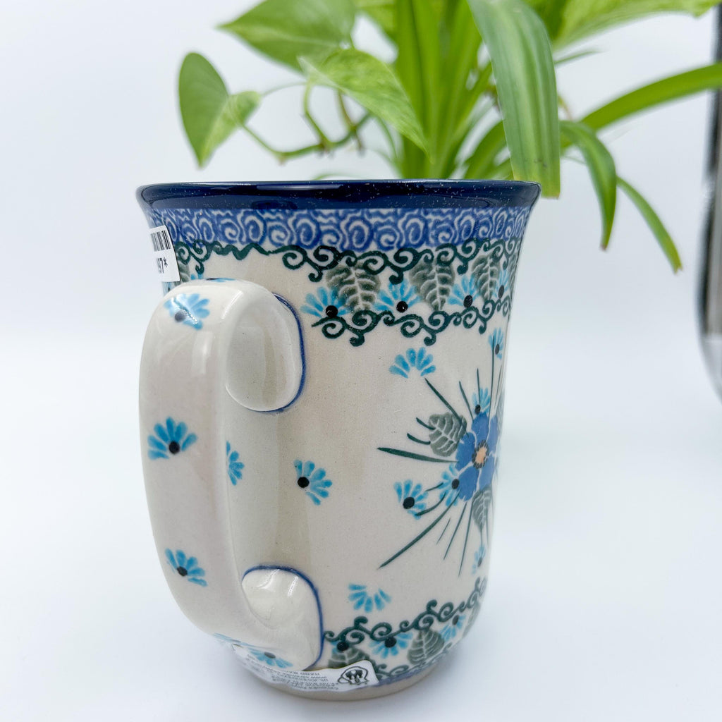 Back view of Forget Me Not bistro mug showing handle