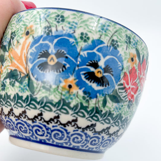 16 oz Bowl with Loop-Handle.  Hand crafted Polish pottery stoneware: UNIKAT Vibrant Bouquet