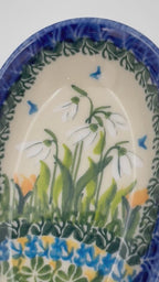 Spoon Rest 5”.  Handmade Polish pottery.  UNIKAT Snowdrop Garden Pattern