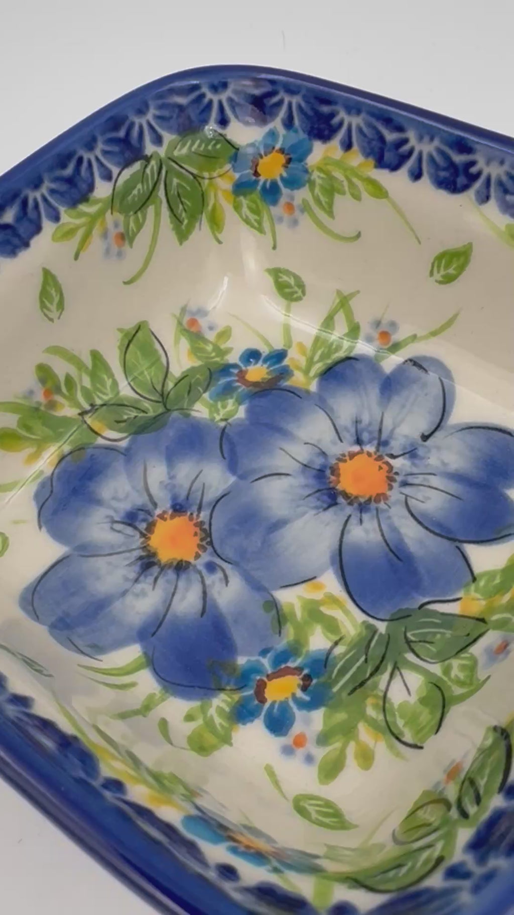5” Square Bowl.  Hand crafted Polish pottery stoneware:   Unikat Blue Daisy