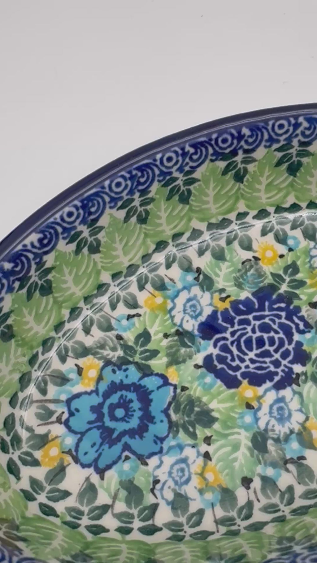 6” Oval Bowl.  Hand crafted Polish pottery stoneware:  UNIKAT Lime Bouquet Design
