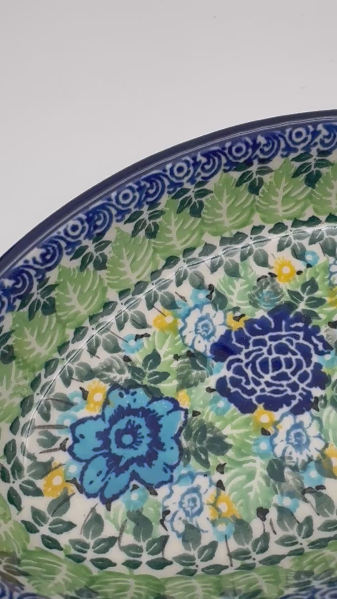 6” Oval Bowl.  Hand crafted Polish pottery stoneware:  UNIKAT Lime Bouquet Design