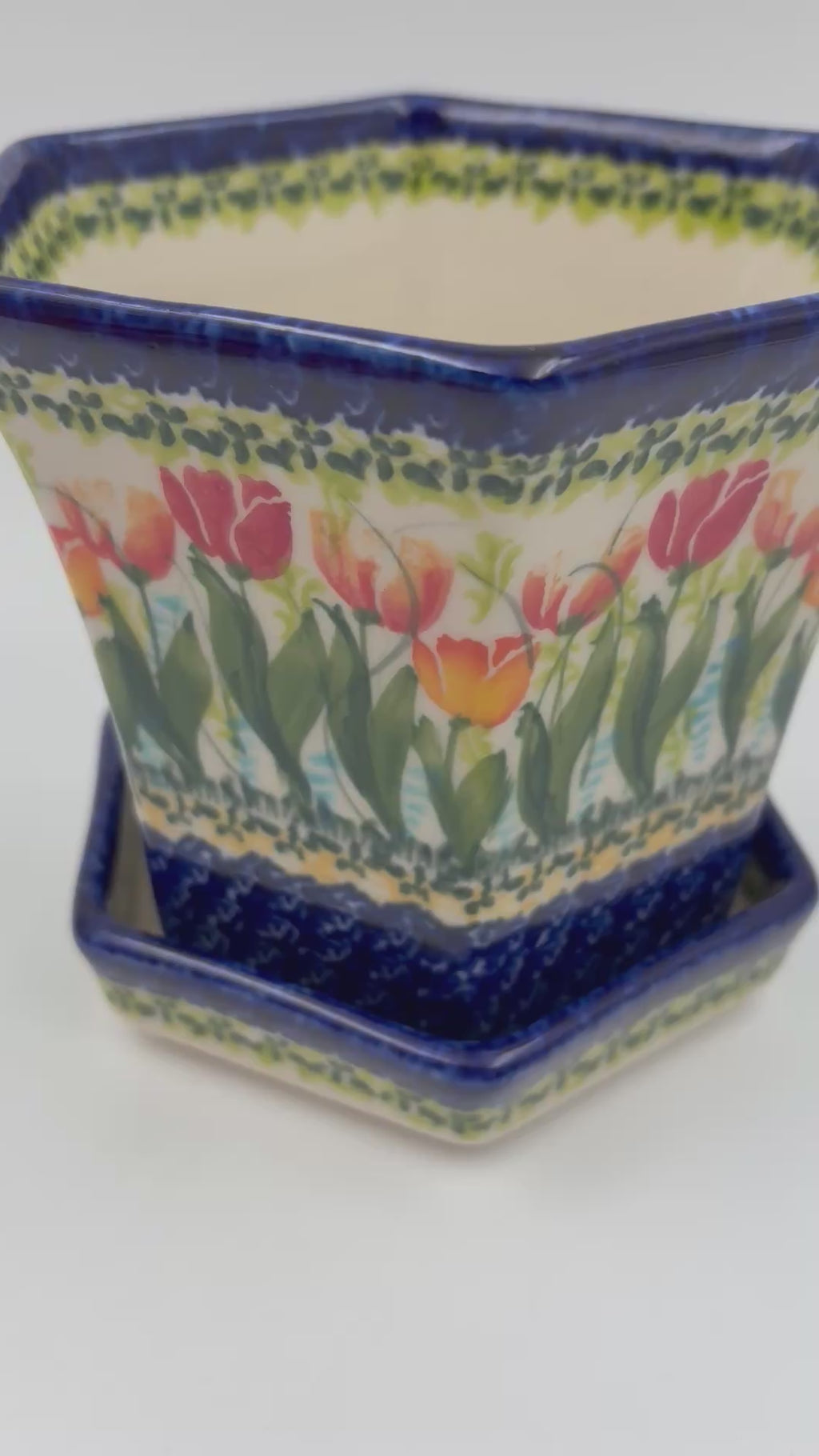 5” Flower Pot.  Handmade Polish pottery.  UNIKAT Tulip Fields