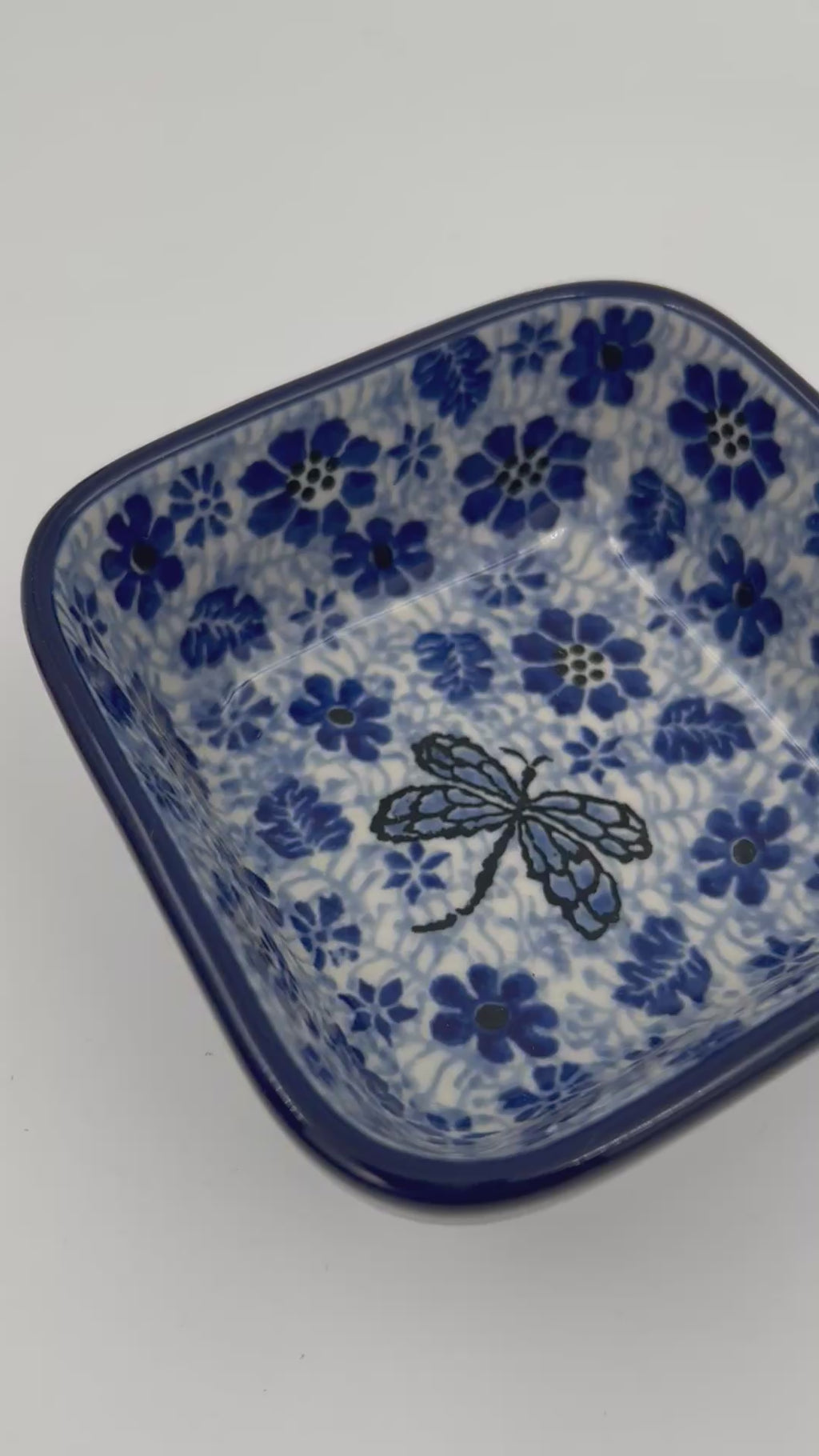4” Square Bowl.  Hand crafted Polish pottery stoneware:  Misty Dragonfly Design.