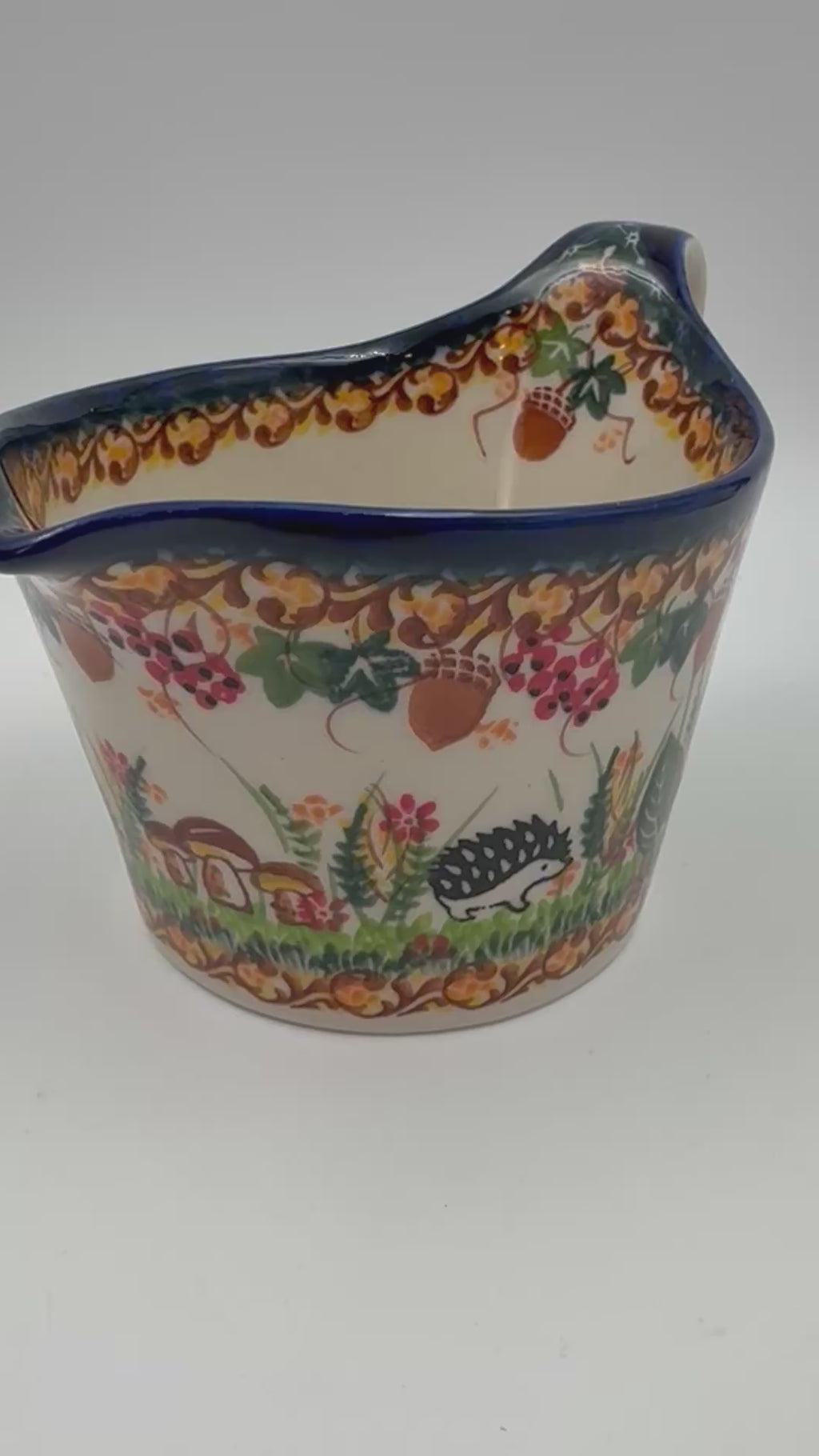 12 oz Loop Handle Gravy Boat.  Hand painted Polish pottery stoneware.  UNIKAT Hedgehog and Mushroom