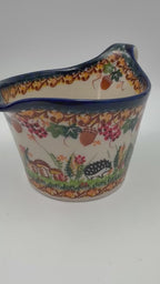 12 oz Loop Handle Gravy Boat.  Hand painted Polish pottery stoneware.  UNIKAT Hedgehog and Mushroom