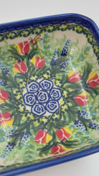 6” Square Bowl.  Hand crafted Polish pottery stoneware:   Unikat Tulips and Bees