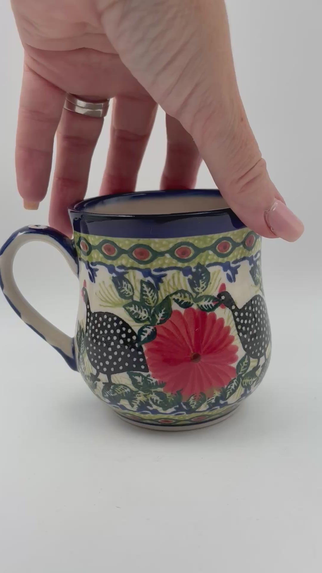 13 oz Bubble Mug. Handcrafted Polish pottery stoneware:  UNIKAT Fowls in Florals