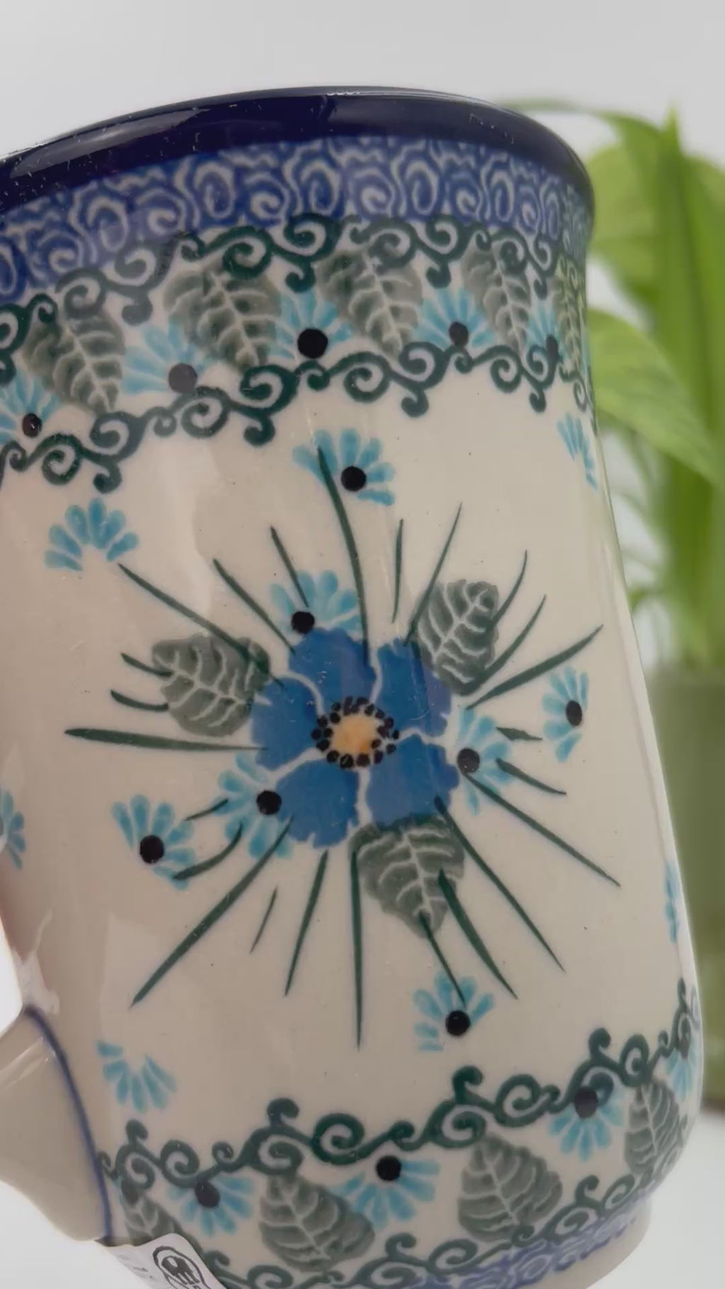 Bistro Mug 17oz. Handcrafted Polish pottery stoneware:  UNIKAT Forget Me Not Design