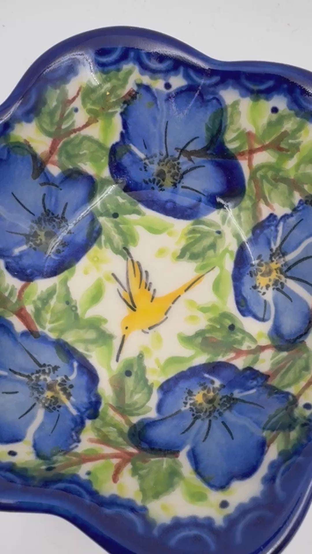5” Bowl Flower.  Hand crafted Polish pottery stoneware:  UNIKAT Blue Poppy Songbird pattern