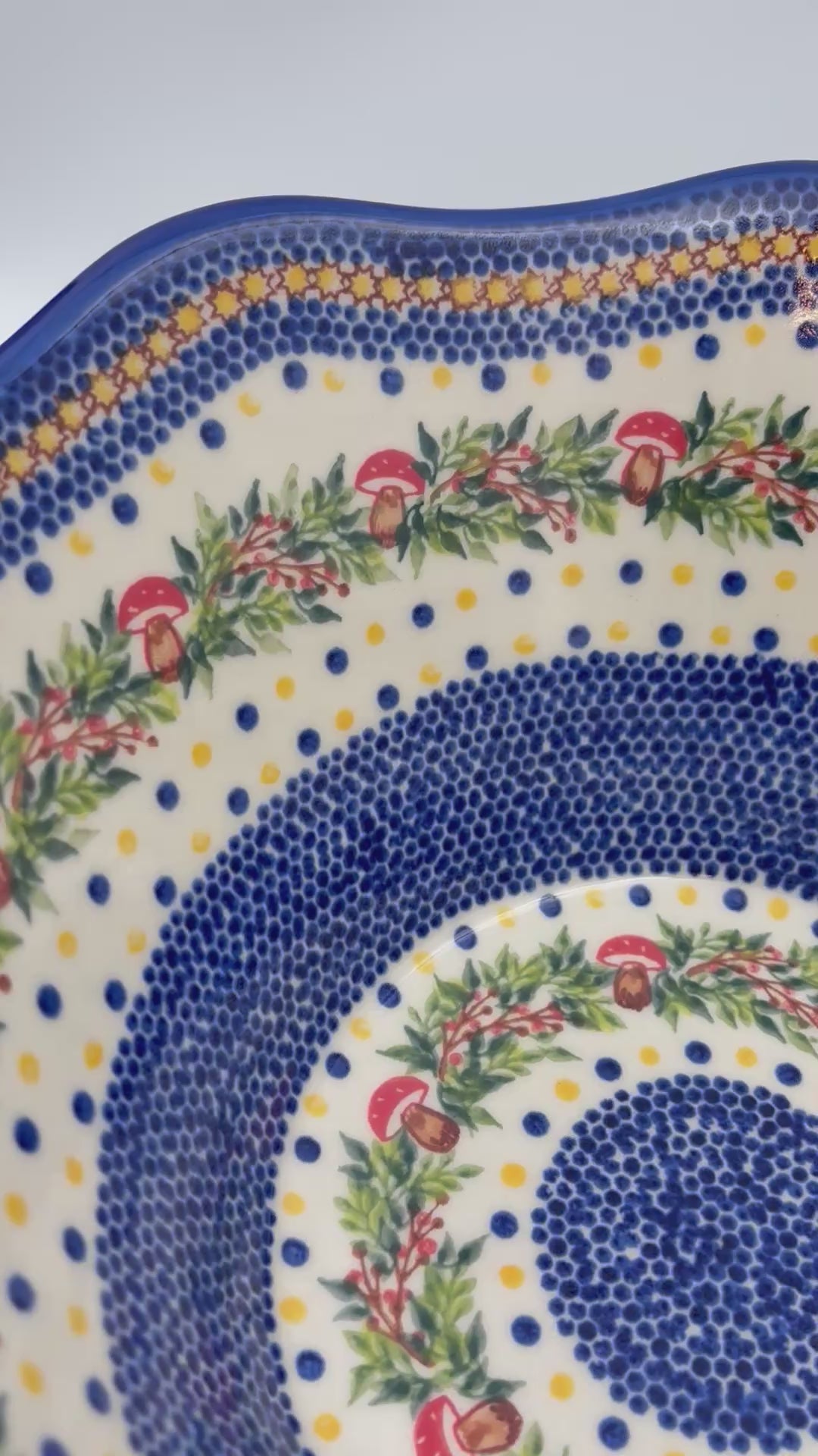13” Wavy Bowl XL.  Hand crafted Polish pottery stoneware:  UNIKAT Holiday Mushroom Design