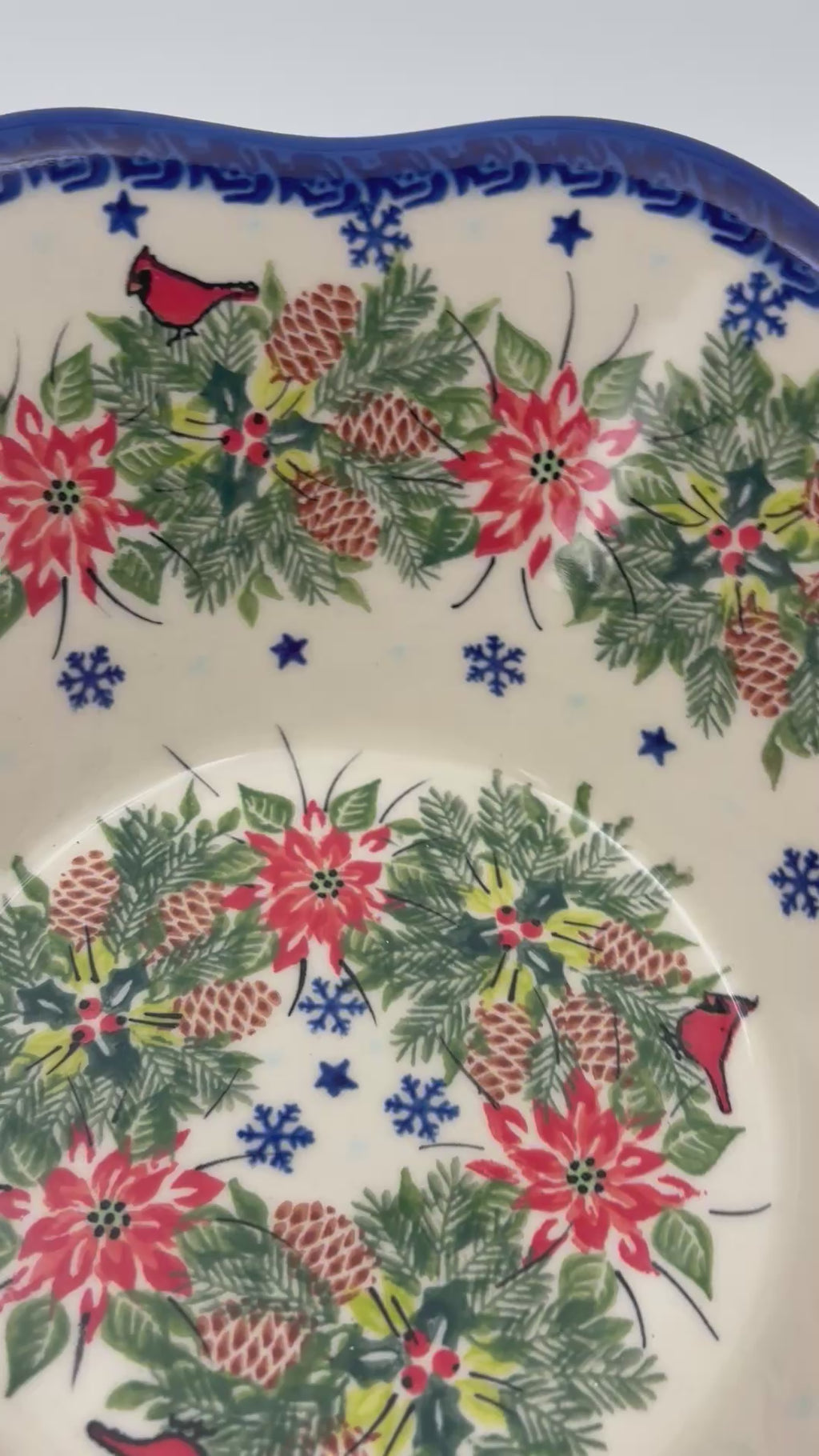 9” Wavy Bowl.  Hand crafted Polish pottery stoneware:  Christmas Cardinals