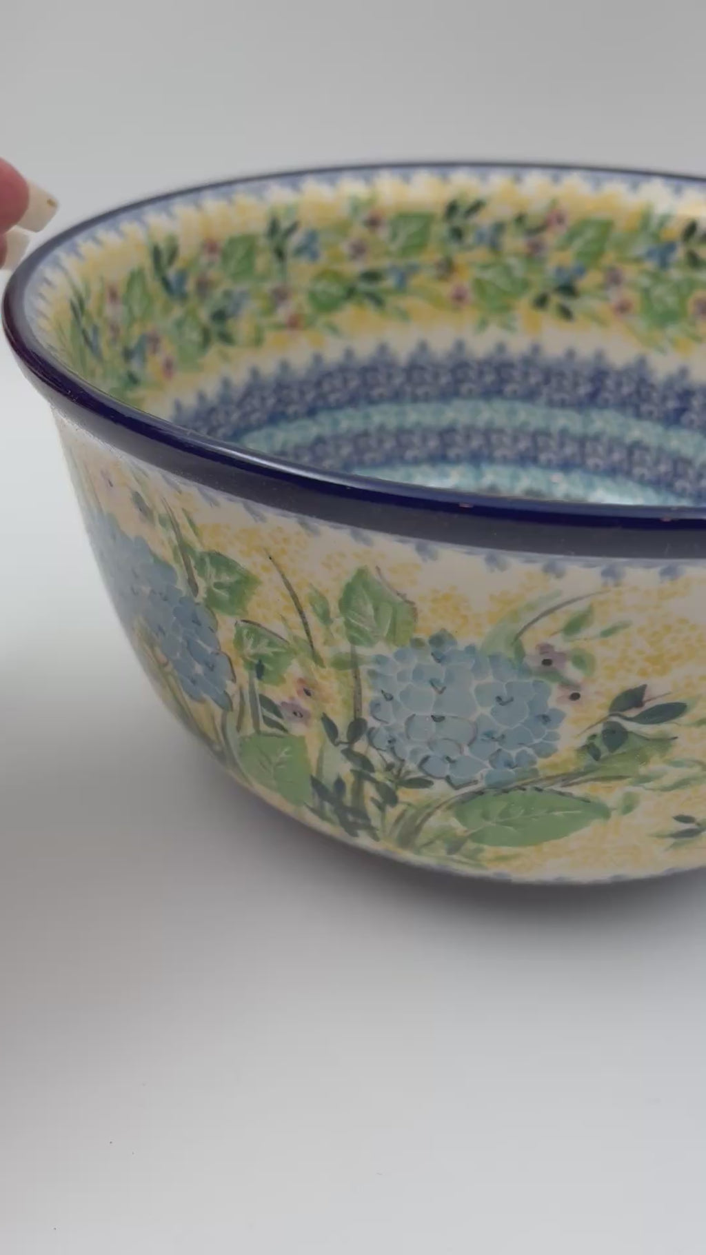 9” Serving Bowl.  Hand crafted Polish pottery stoneware: UNIKAT Blue Hydrangea Design