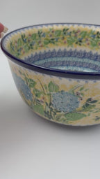 9” Serving Bowl.  Hand crafted Polish pottery stoneware: UNIKAT Blue Hydrangea Design
