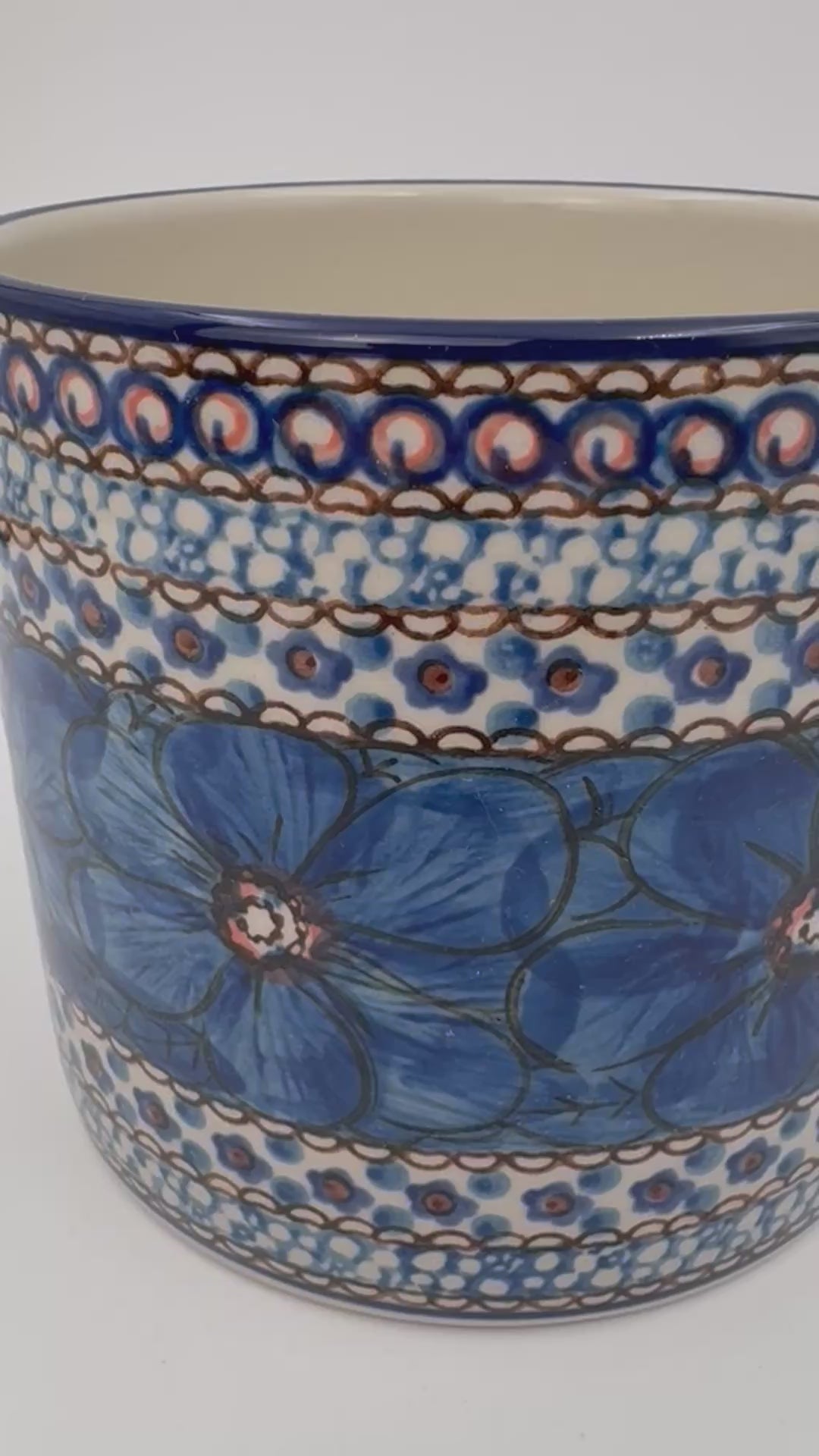Utensil Jar 5”.  Handmade Polish pottery.  UNIKAT Cobalt Poppies