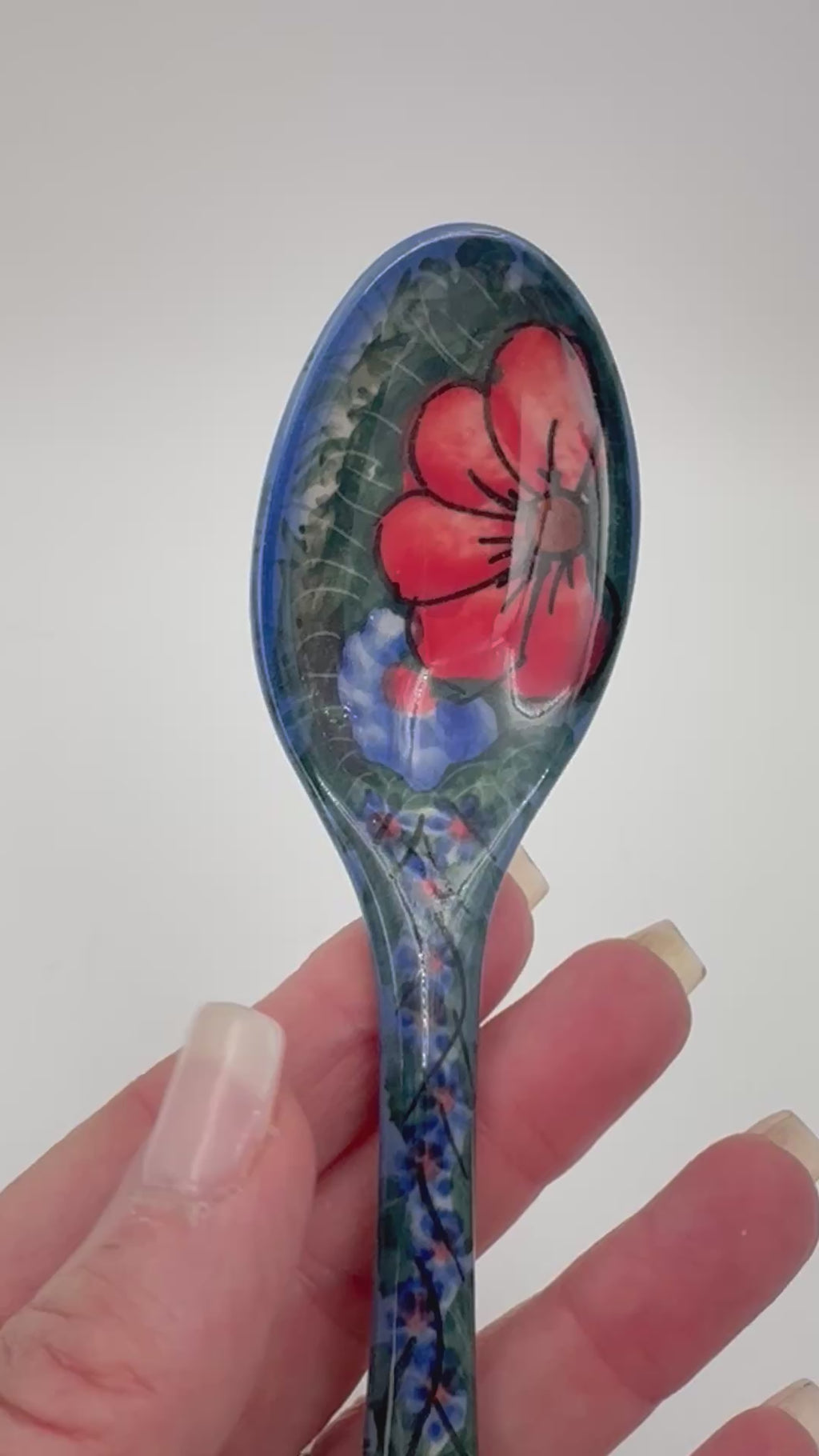 Spoon Lg 8”.  Handmade Polish pottery. UNIKAT Wildflower Red Design