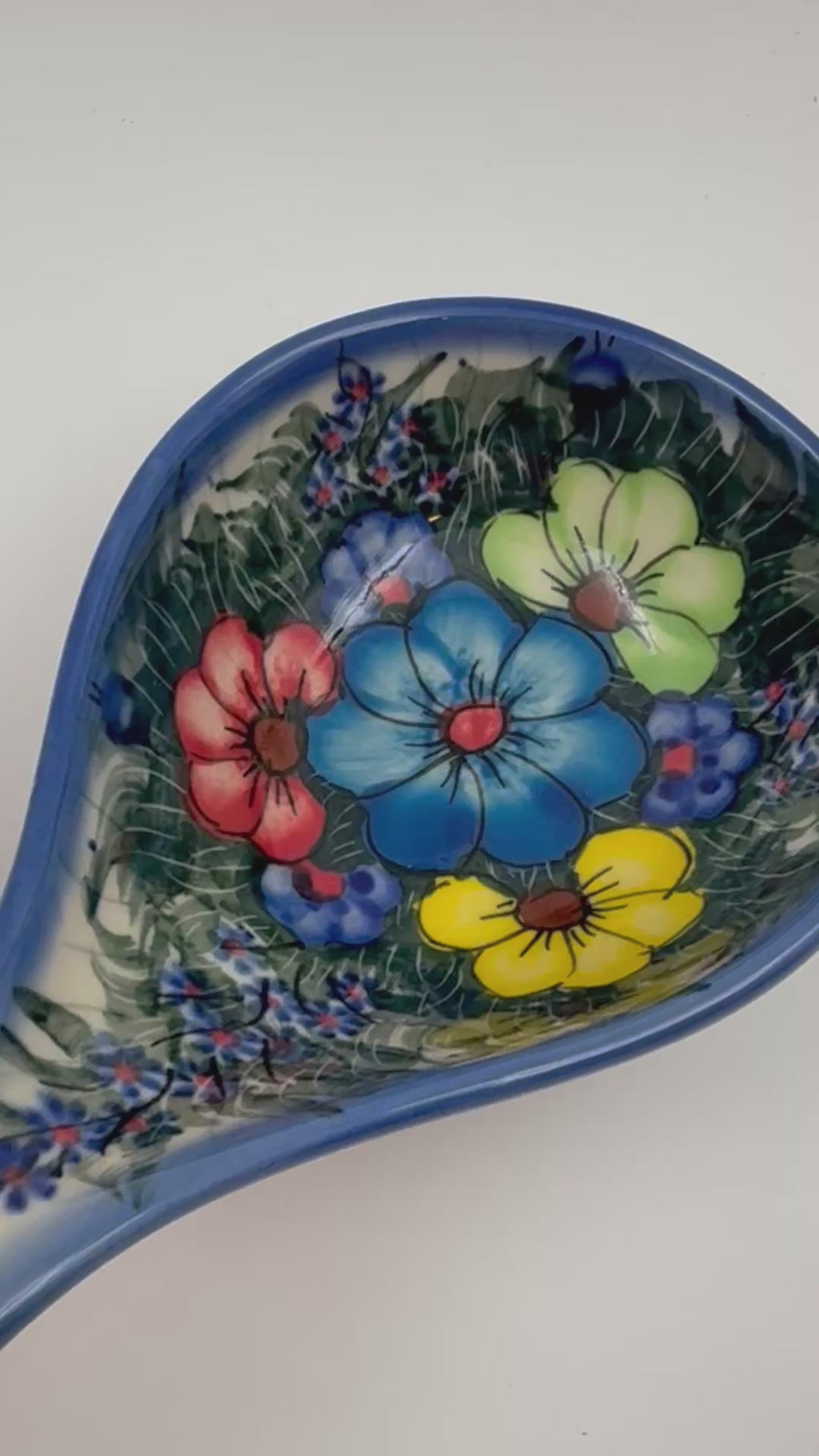 Spoon Stand.  Handmade Polish pottery.  UNIKAT Forget Me Not Pansy