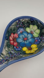 Spoon Stand.  Handmade Polish pottery.  UNIKAT Forget Me Not Pansy