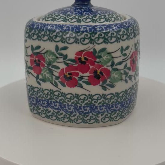 Polish pottery 9oz” square foral sugar bowl in Red Pansy Pattern. 
Ceramika Artystyczna Company
