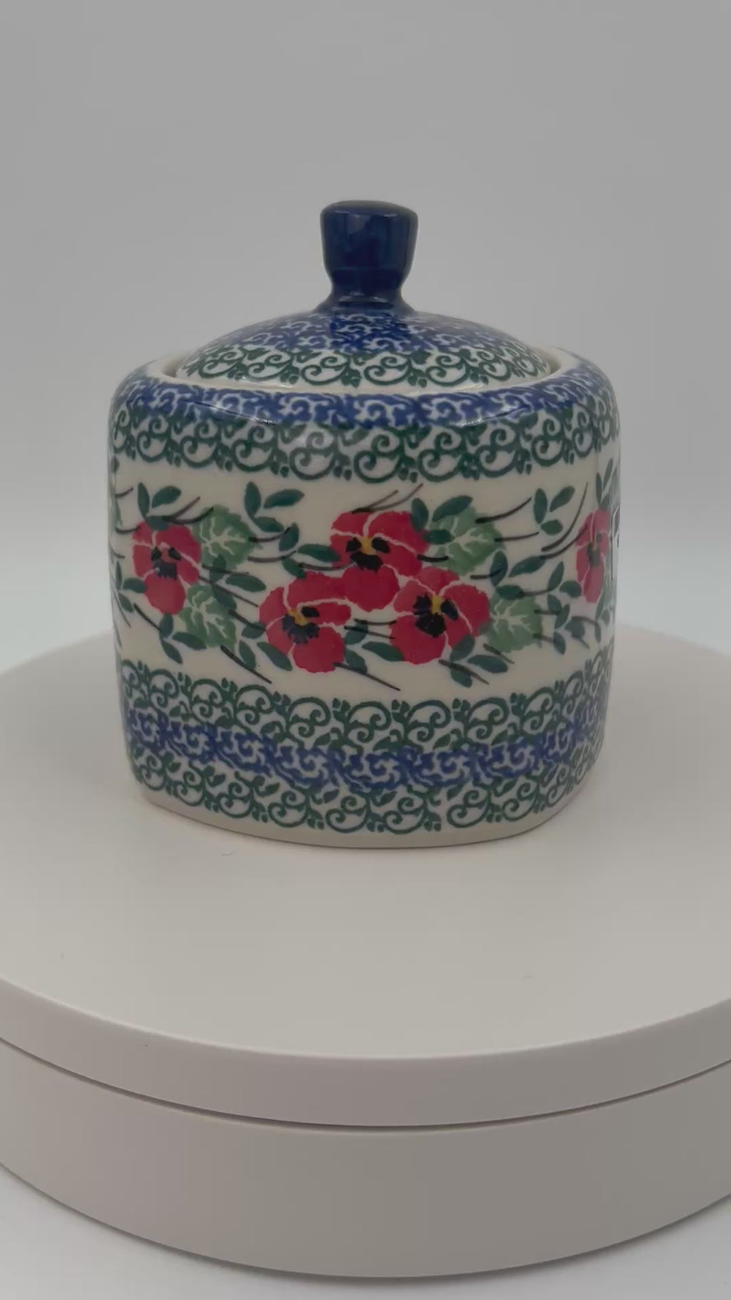 Polish pottery 9oz” square foral sugar bowl in Red Pansy Pattern. 
Ceramika Artystyczna Company